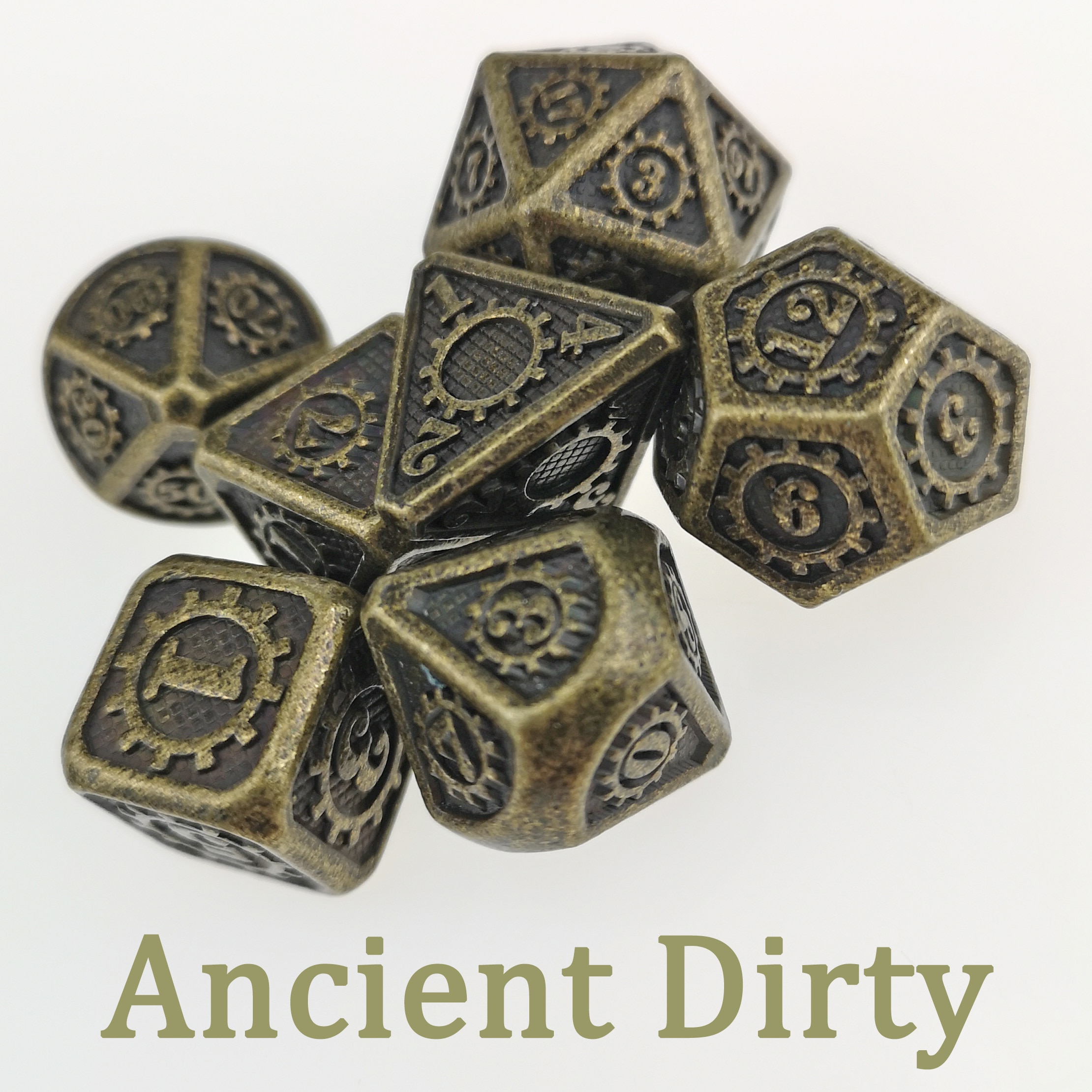 Rollooo, antiguo juego de dados de Metal de engranaje sucio (bronce), juego de 7 troqueles poliédricos para juegos de rol D & D Pathfinder