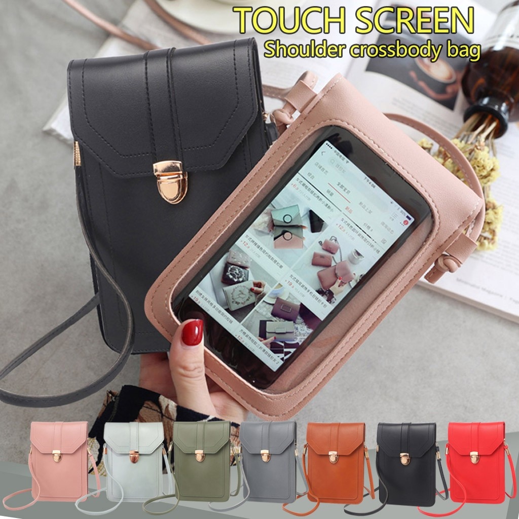 Sac en cuir pour Mini téléphone portable | Sacs à bandoulière, avec arrière latéral, fenêtre transparente pour écran tactile