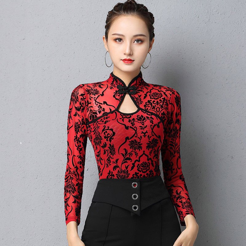 Tops de baile Latino de malla para mujer, ropa de baile de Salsa, ropa de baile de salón, traje de baile, ropa de de escenario, DL7257: Red / XXL