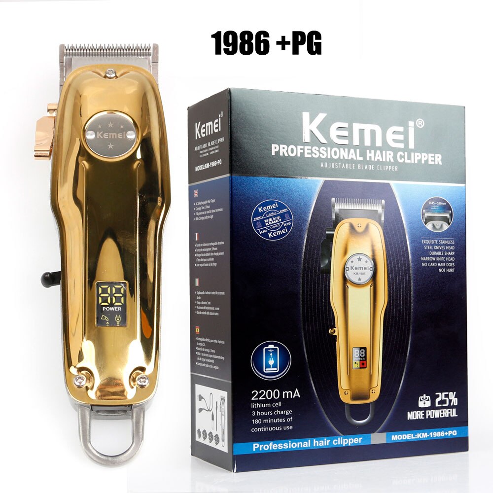 Kemei km -1986 + pg frisør hårklipper fræser elektrisk trådløs hårtrimmer hårklipper helt metal: Guldæske 1986pg
