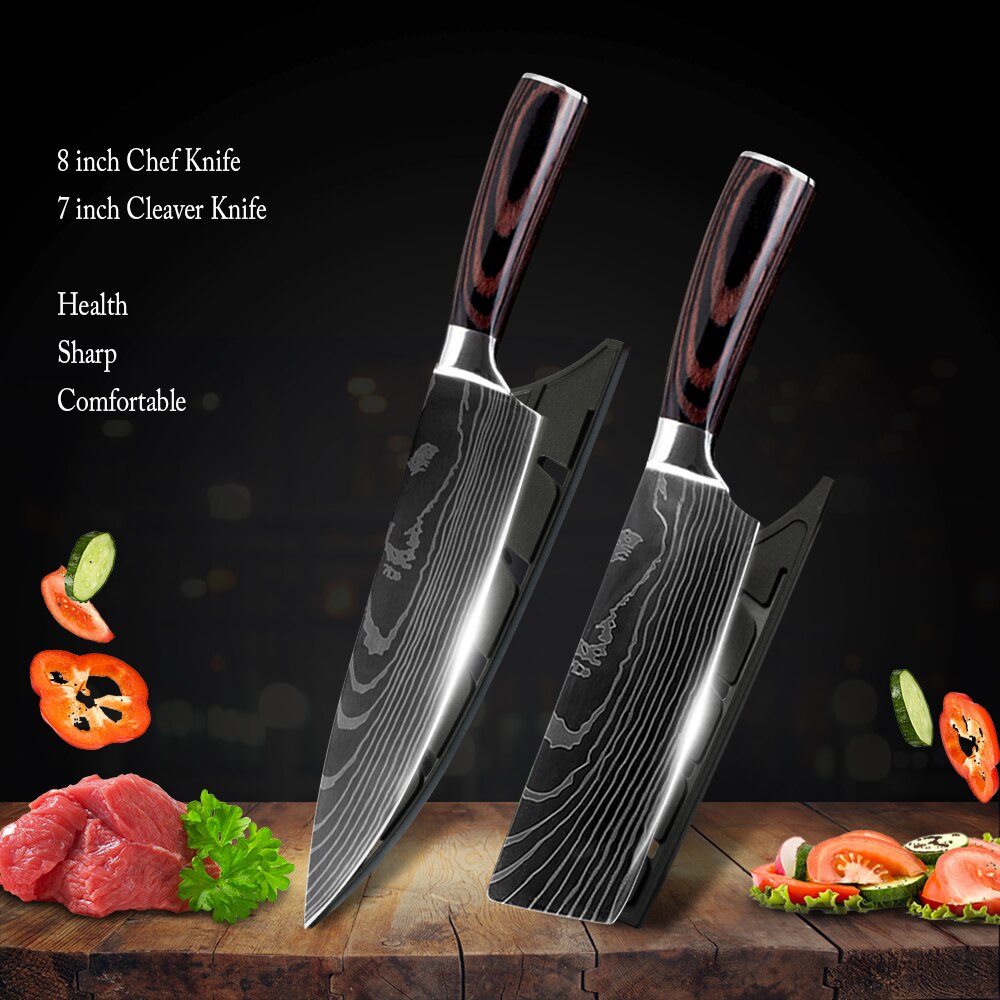 Damask Kitchen Chef Knives Set 7CR17 High Carbon Stainless Steel Sharp Utility Santoku Boning Damascus Pattern Cooking Tools: 2pcs Value Set