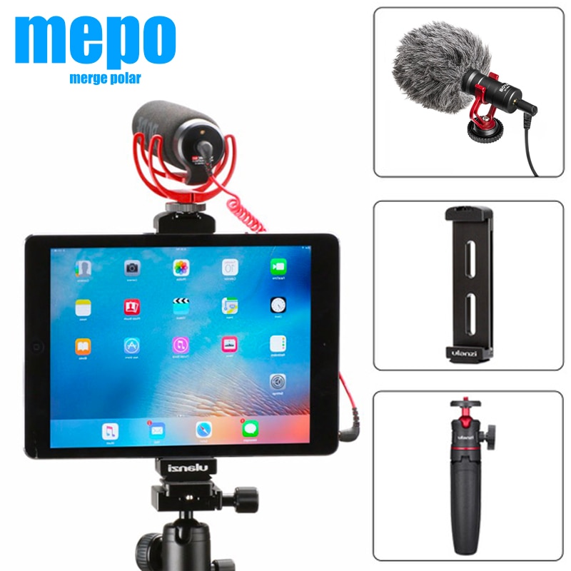 Aluminum Tablet Tripod Mount w/ Cold Shoe Mount Pad Clip Bracket Holder Stand 1/4 Screw for ipad Pro Mini Tablets Metal Clamp