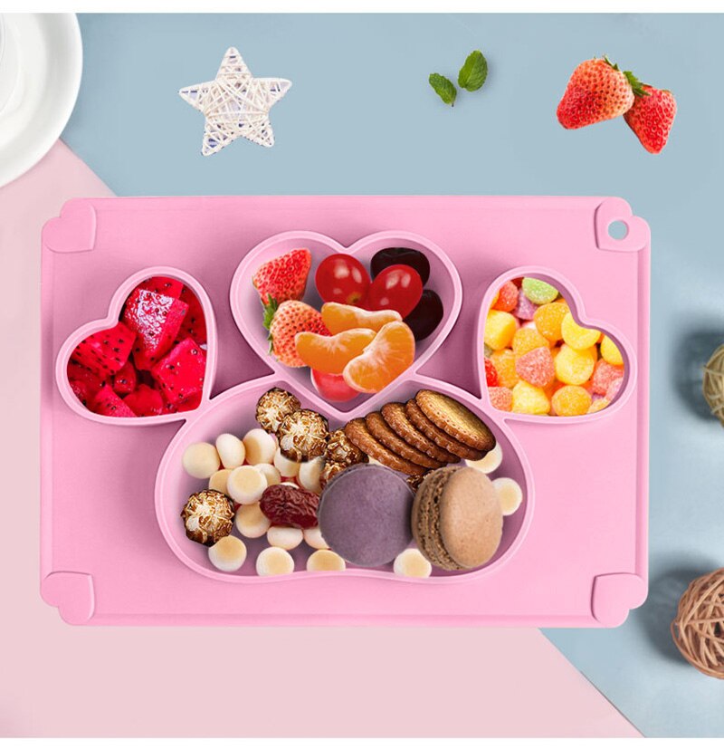 Prato de Silicone Alimentos Complementares de Formação do bebê Bacia de Alimentação Integrada infantil Ventosa Bandeja Talheres Anti-queda: Pink plate B