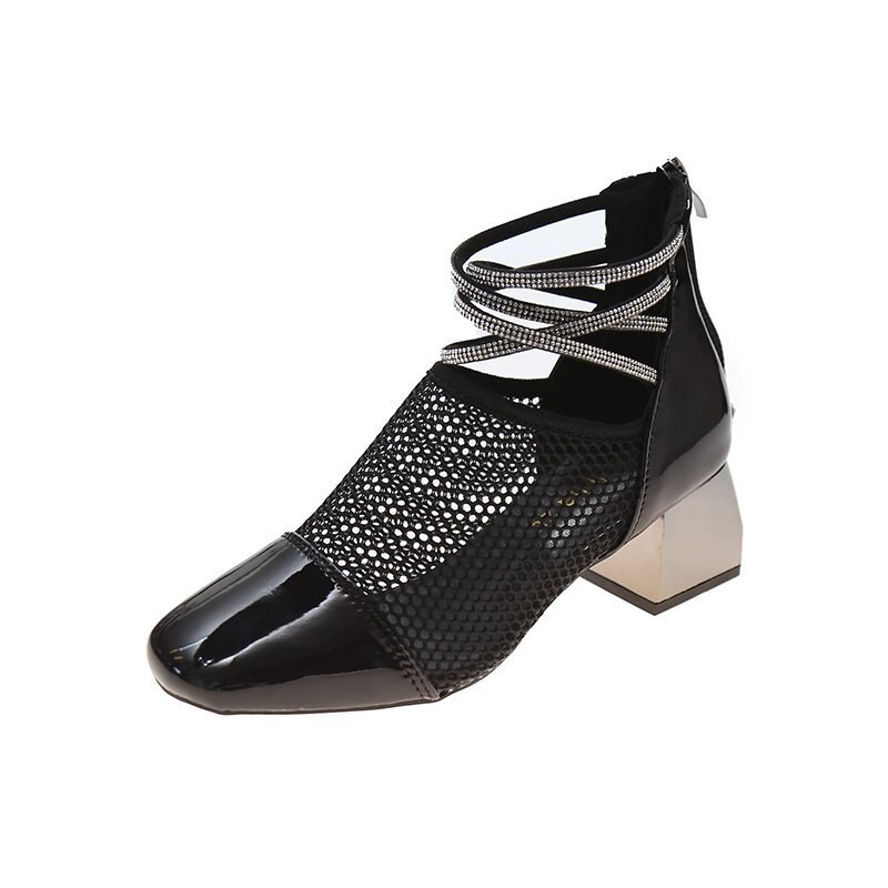 Style Women's Sandal Women's Suede Sandal with Thick Heel and Zip Closed Leather heels women sandals: Black leather / 36