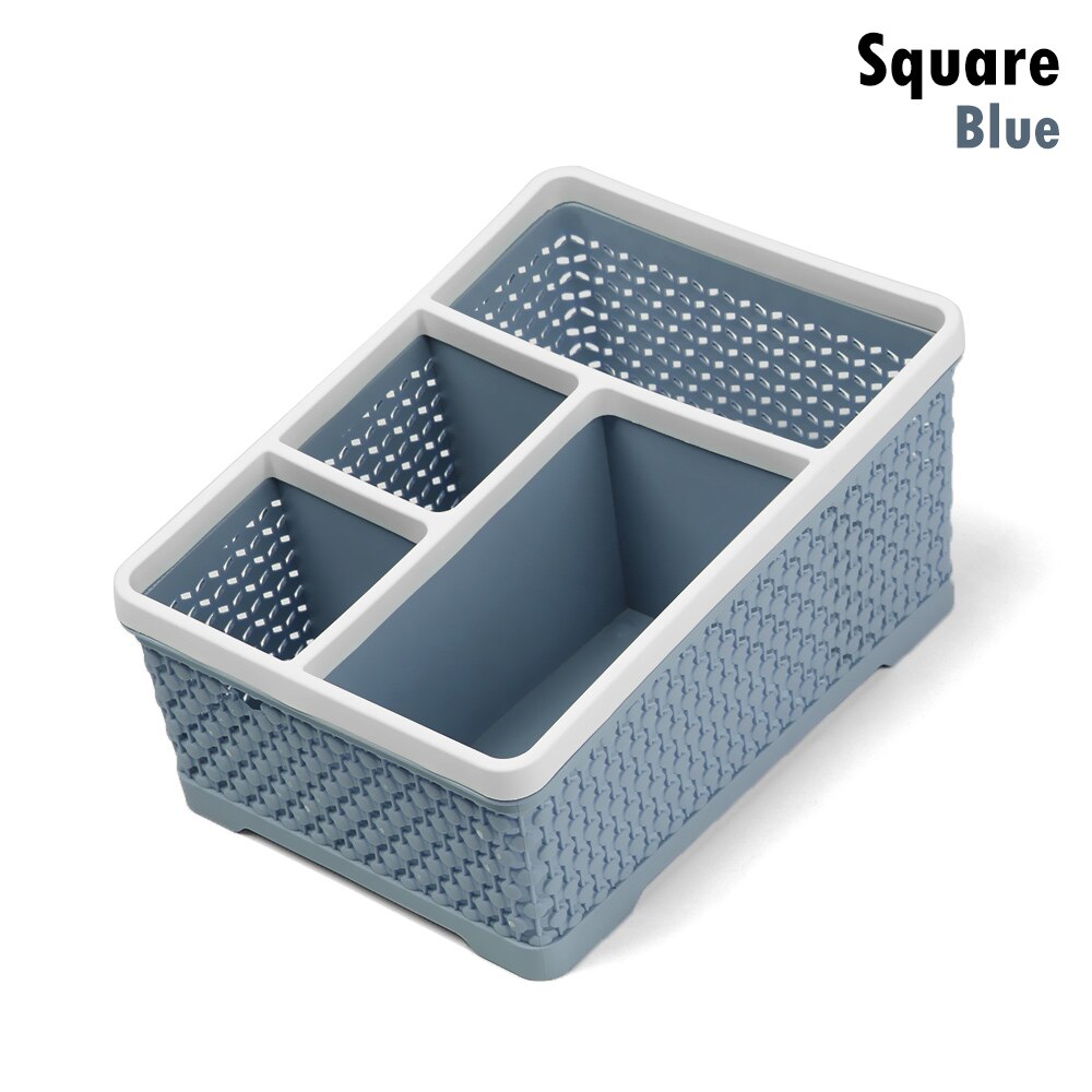 1pc rotan gevlochten multi-grid houder desktop organizer opbergdoos bureau afwerking bureau decoratie kantoorbenodigdheden schoolbenodigdheden: Vierkant blauw