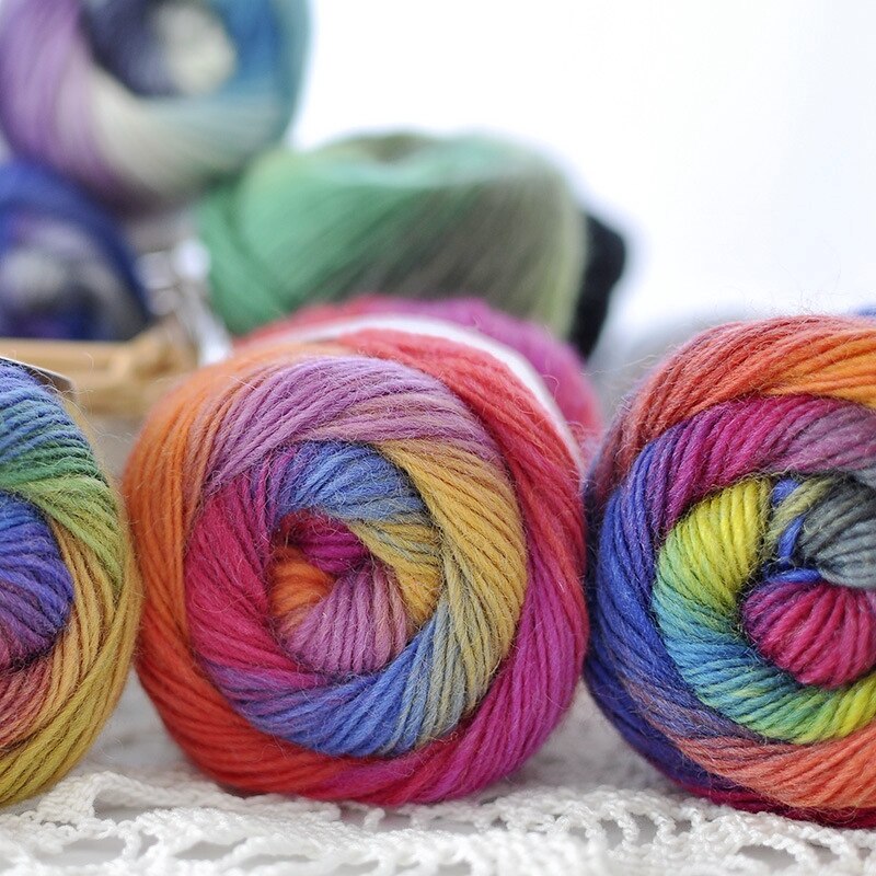 Fil de laine 100% couleur arc-en-ciel, pour tricoter à la main, épaisseur tissée à la main, fil de laine, châle de Crochet, 50 g/boule