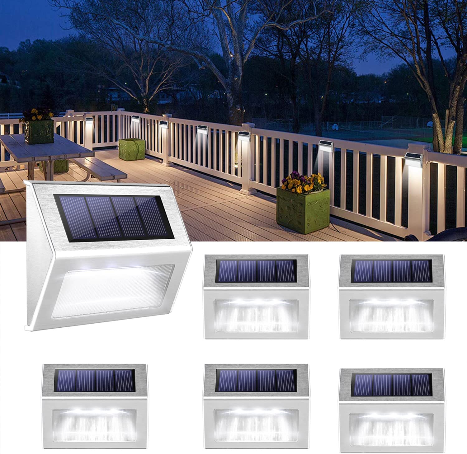 1/6/12 Pack Led Solar Outdoor Stainless Steel Step Lights, Fence Lights, Stainless Steel Wall Lights, Courtyard Deck Lights, Suitable for Terraces, Steps, Walkway, Fences: Cold White