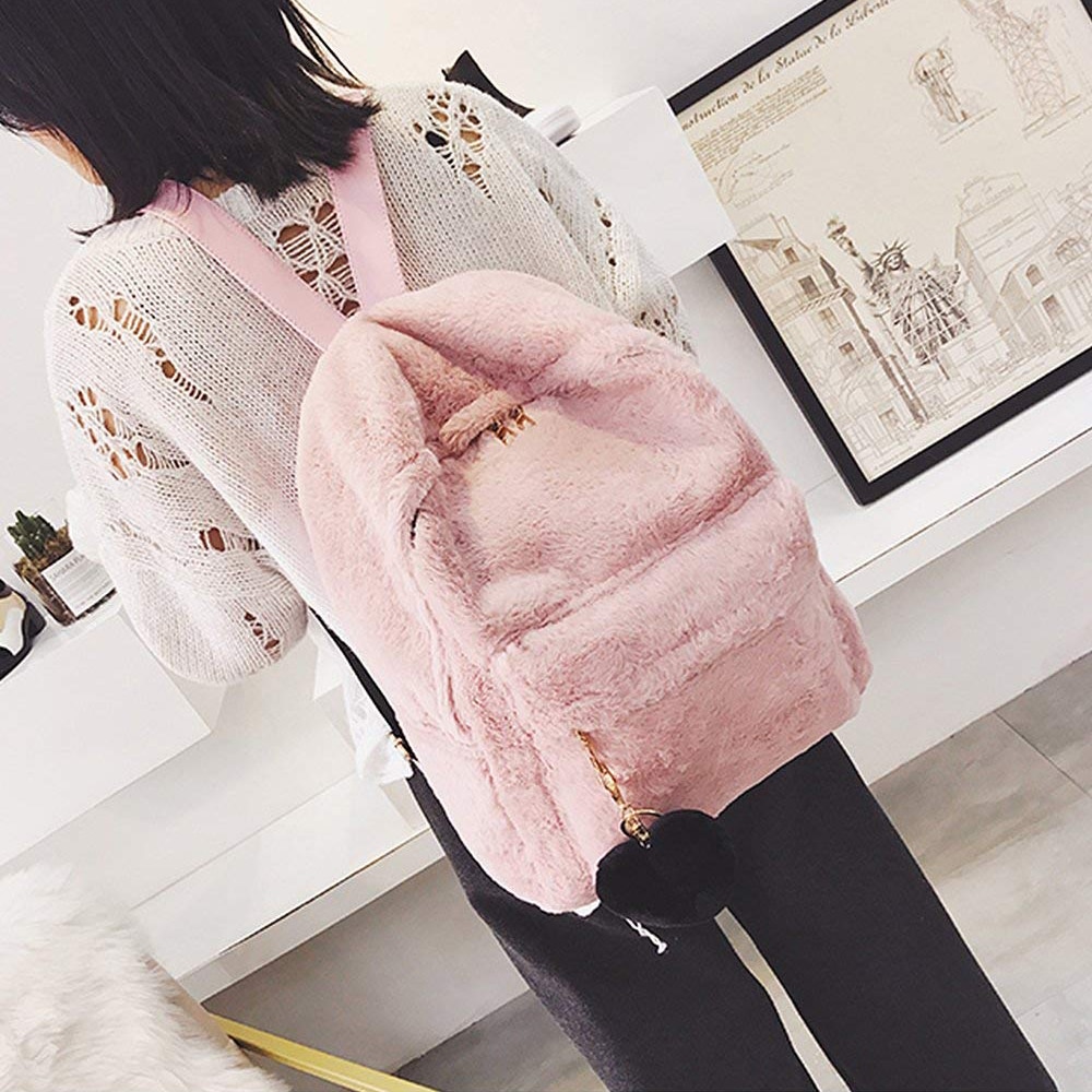 Ljl kvinder blød fuskepels plys rygsæk skuldertaske fluffy skoletaske med hjerte vedhæng (pink)
