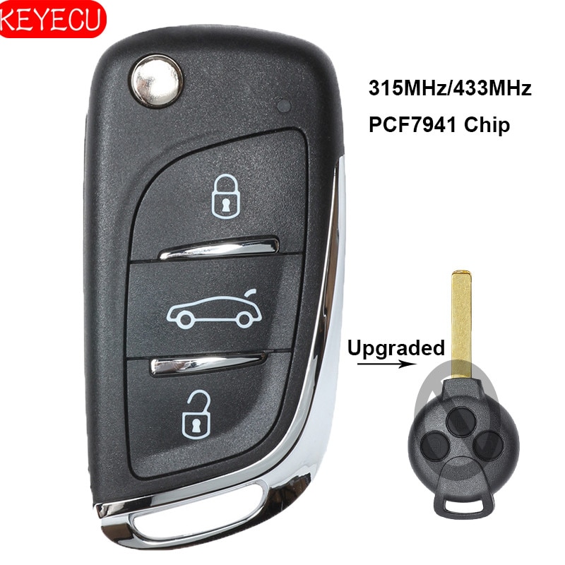 KEYECU Upgraded Flip Remote Car Key Fob 3 Button 315/433MHz Optional PCF7941 for Benz Smart Fortwo 451 2007