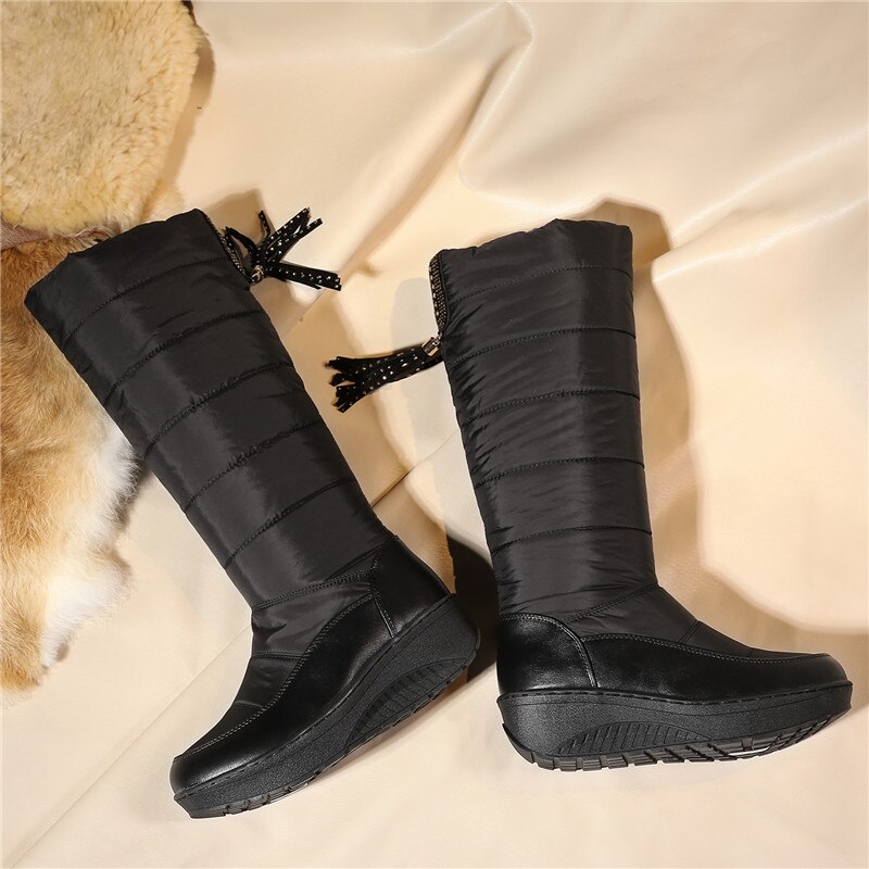 MORAZORA Plus rozmiar 35-44 nowe buty śniegowe damskie platformy średnio wysokie buty z cholewami grube futro tassel rhinestone buty zimowe damskie buty: Black / 10