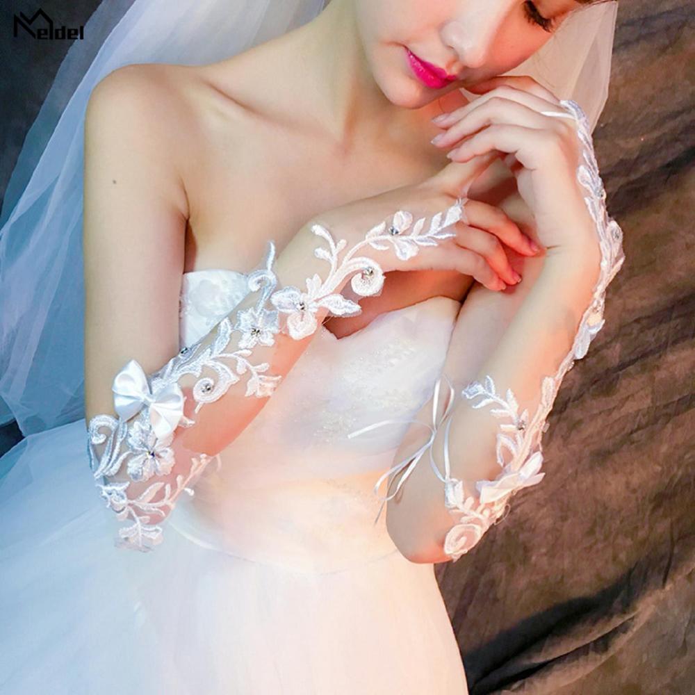 Guantes de lujo de encaje blanco para novia, guantes largos sin dedos para mujer, accesorios de boda de cristal para novias,