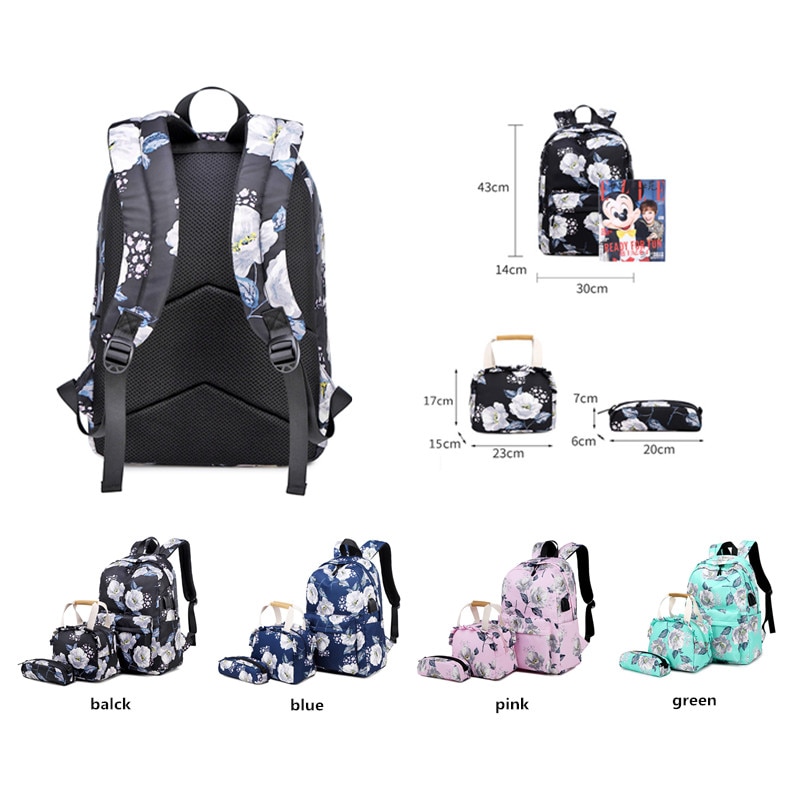 Fengdong 3pcs/set floral school backpack for girls cute flower handbag set student pencil bag children school bags kids backpack