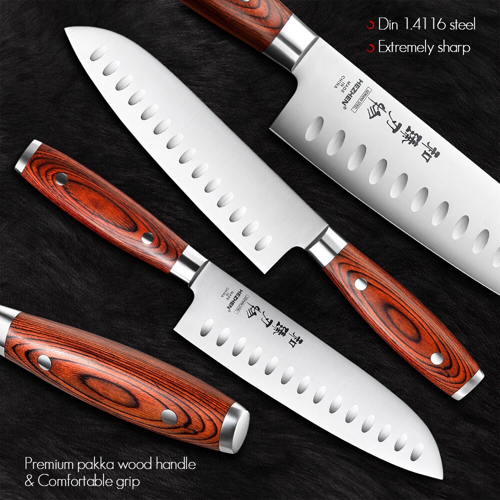 Hezhen 1-6pc knivset carving kock bröd santoku utility paring pakka trähandtag &amp; köksredskap med nit i rostfritt stål