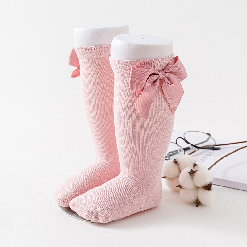 gros nœuds doux coton bébé fille chaussettes couleur unie blanc rose nœud papillon prix filles Kneed chaussettes hautes enfant en bas âge fille longues chaussettes