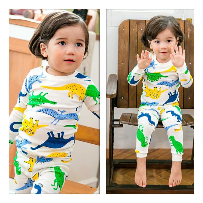 Drenges trykning tegneserie dinosaur børnepyjamas langærmet rund krave afslappet sæt børnetøj undertøj nattøj outfit
