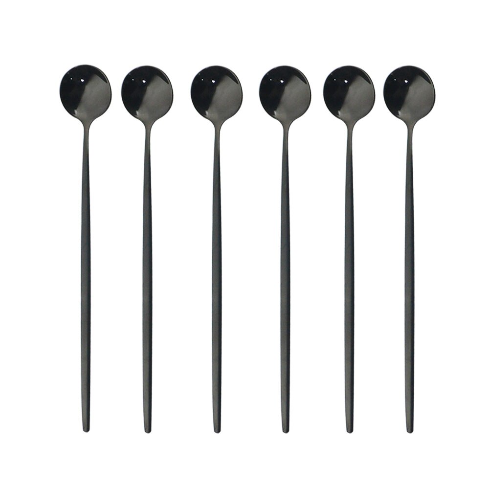 6Pcs Rainbow Long Hangdle Spoon For Polished Stirring Drink Dessert Ice Cream Spoon Cutlery Flatware Steainless Steel Tableware: Black