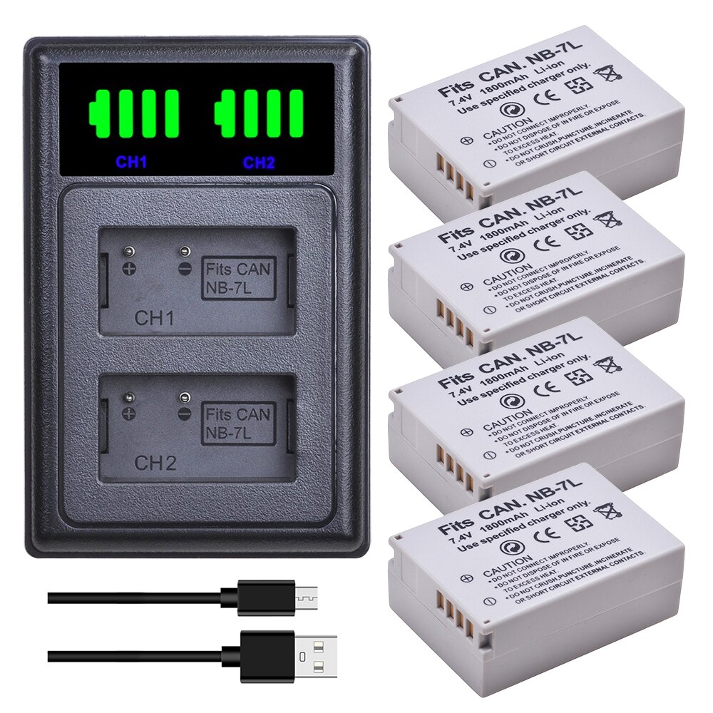 NB-7L Batterij 1800Mah NB7L Nb 7L Li-Ion Batterij + Led Dual Usb Oplader Voor Canon Powershot G10 G11 G12 SX30 SX30IS Digitale Camera: Charger and 4Battery