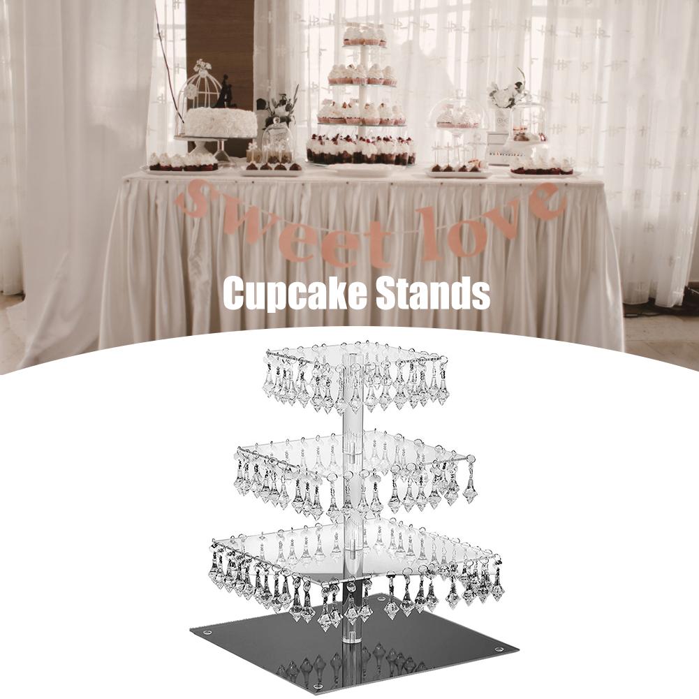 4 Lagen Cupcake Stand Met Crystal Hanger Vierkante Acryl Taart Houder Transparante Dessertbord Voor Wedding Party