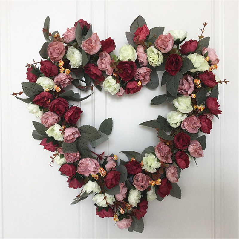 Artificial Flowers Heart-shaped rose Wreath Spring Wreath Outdoor for Front Door 57BB
