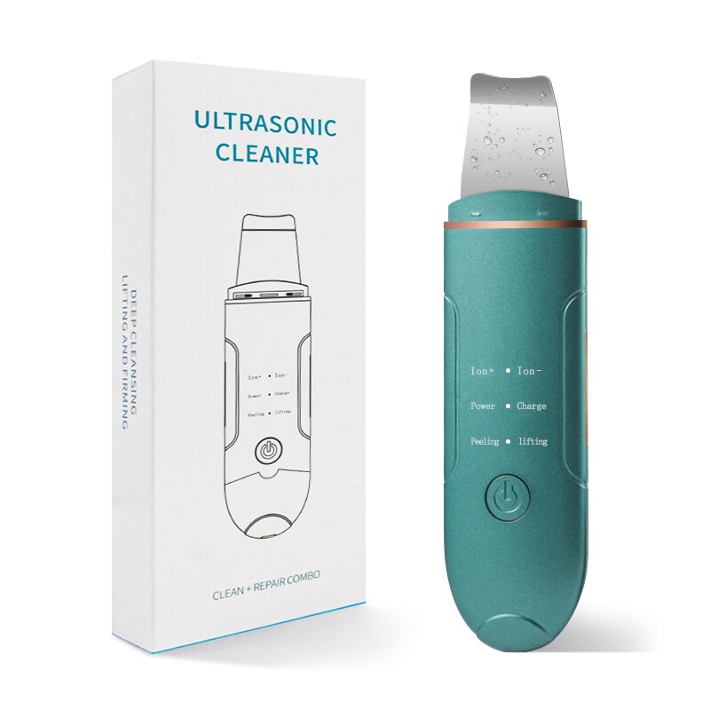 Ultrasonic Skin Scrubber Vibration Face Spatula Blackhead Remover Facial Scrubber Shovel Clean Cavitation Peeling Facial Lifting: 02 Green with box