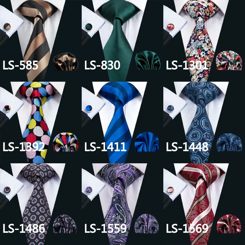 LS-585 Barry.Wang Mannen Stropdas Zijde Gestreepte Jacquard Geweven Classic Tie + Hanky + Manchetknopen Set Voor Formele Wedding Bedrijvengids Party