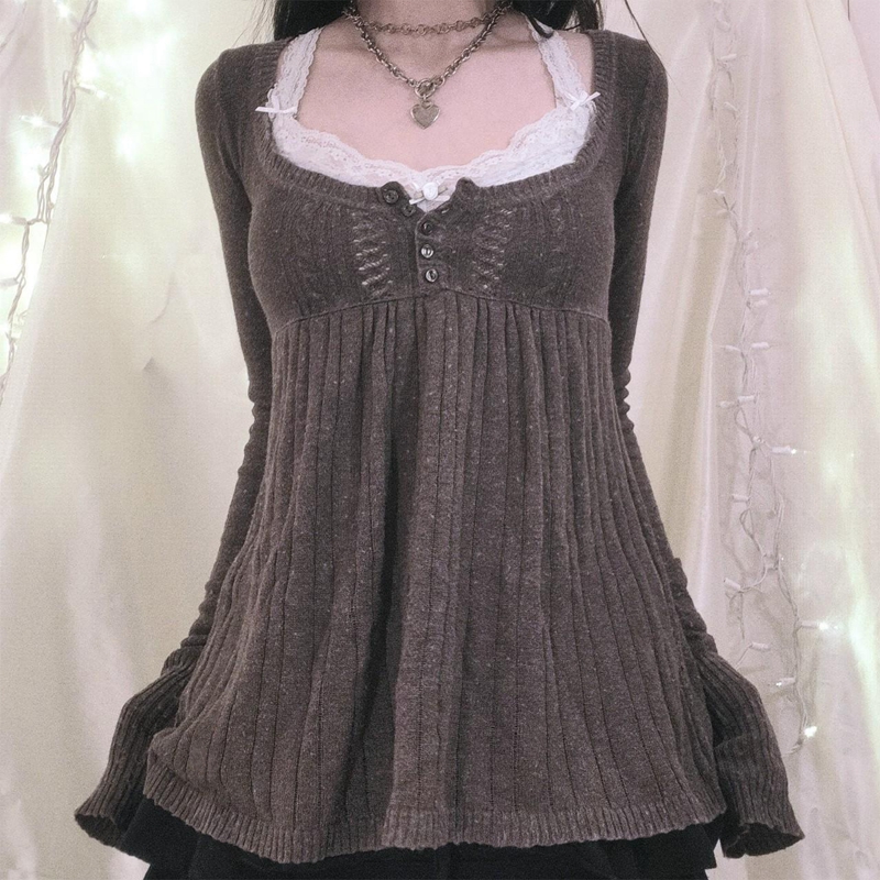 TAVIMART  -  Y2K Milkmaid Top Shirts Fairy Grunge Knit Long Sleeve Pullover Sweater Low Cut Babydoll Blouse Button Down Vintage 2000s Sweater