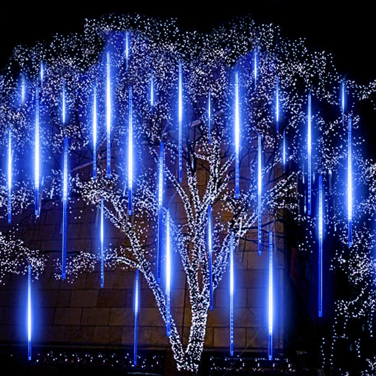 LED Meteor Shower Rain Lights Waterproof Falling Raindrop Fairy String Light for Christmas Party Patio Decor 30/50CM: Blue / US Plug 110V-30cm