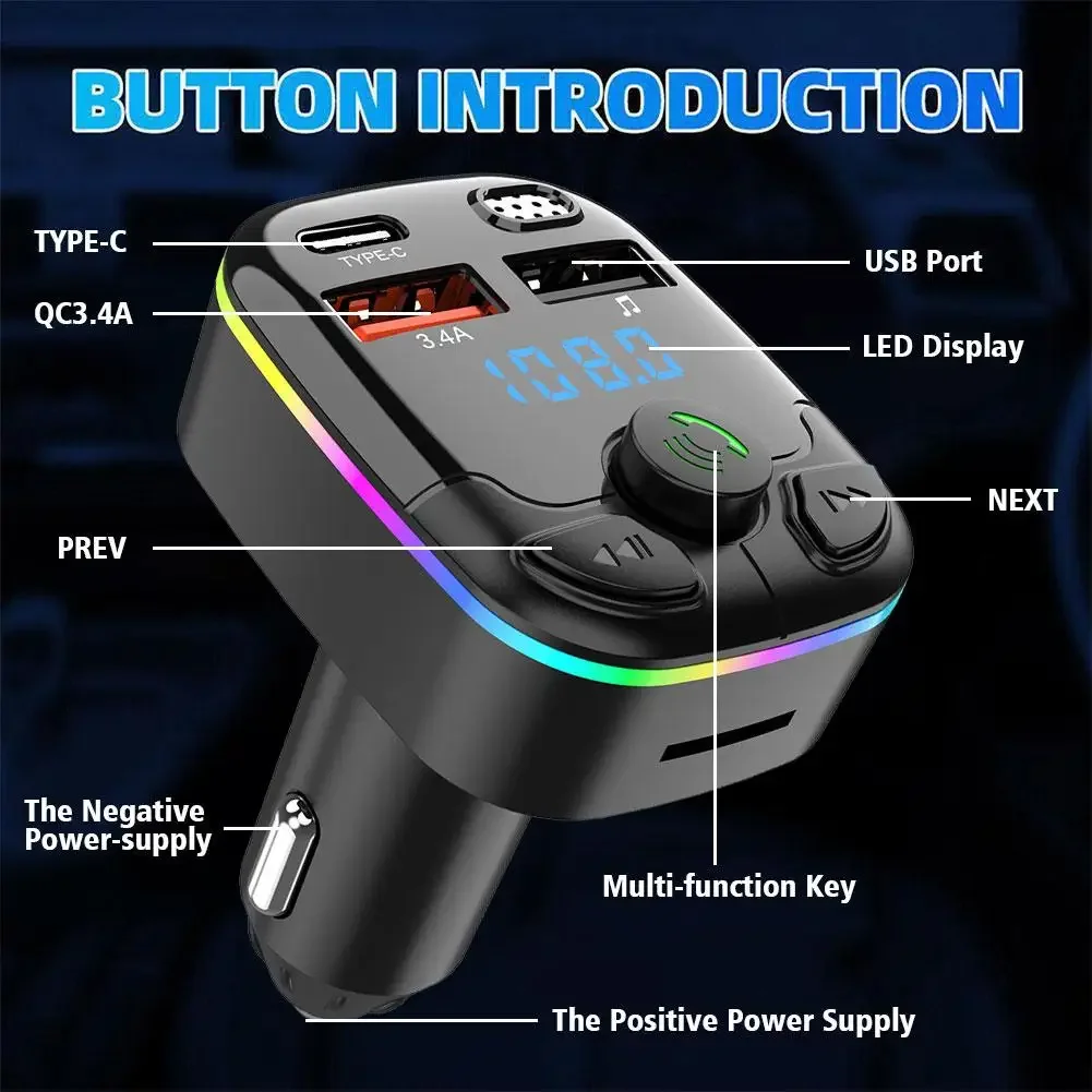 Auto Bluetooth 5.0 FM Absender 12/24V Freisprecheinrichtung Dual USB Umgebungslicht TF Karte MP3 Spieler Typ-C PD20W QC3.0 3,4A Schnellladegerät