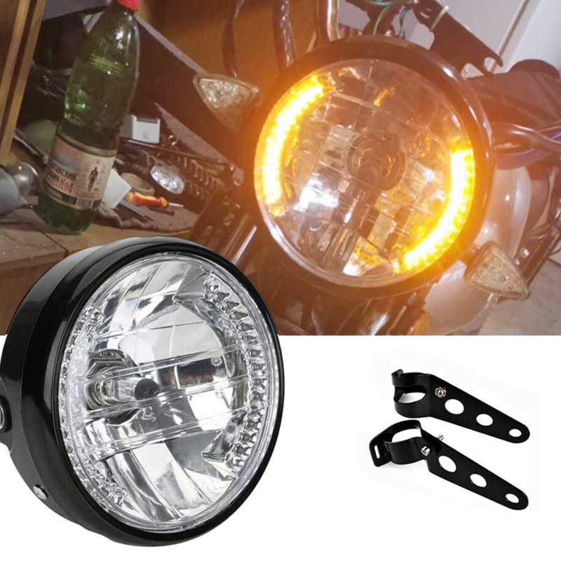 7 "Inch Amber Motorfiets Koplamp Retro Ring Lamp Richtingaanwijzer Voor Harley Chopper Cafe Racer Bobber Motor Koplamp