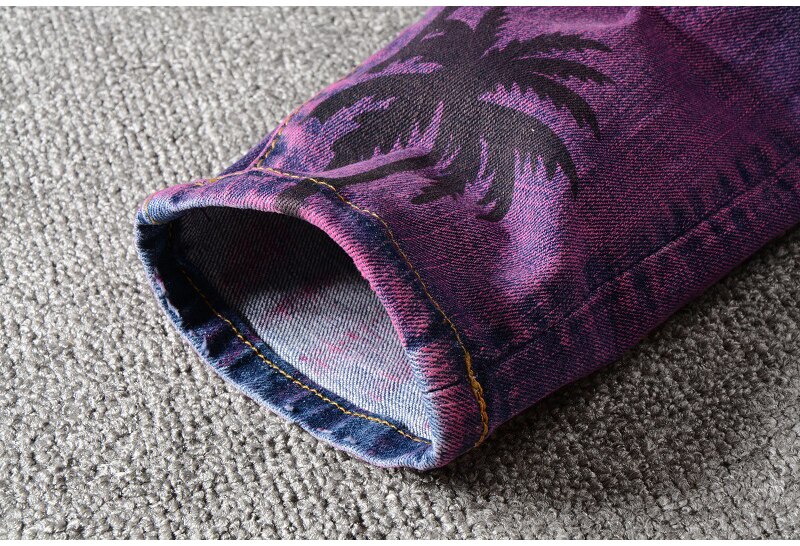 Herr manlig man kokospalmtryckt färgade slitna jeans slim fit hål distressed stretch jeansbyxor