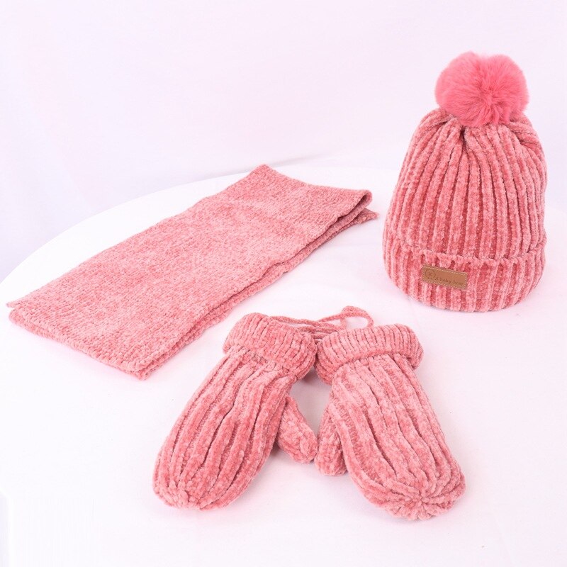 Børn vinter tredelt sæt varm plus fløjlhandske + hat + strikket tørklæde børn ensfarvet tilbehør til koldt vejr: D