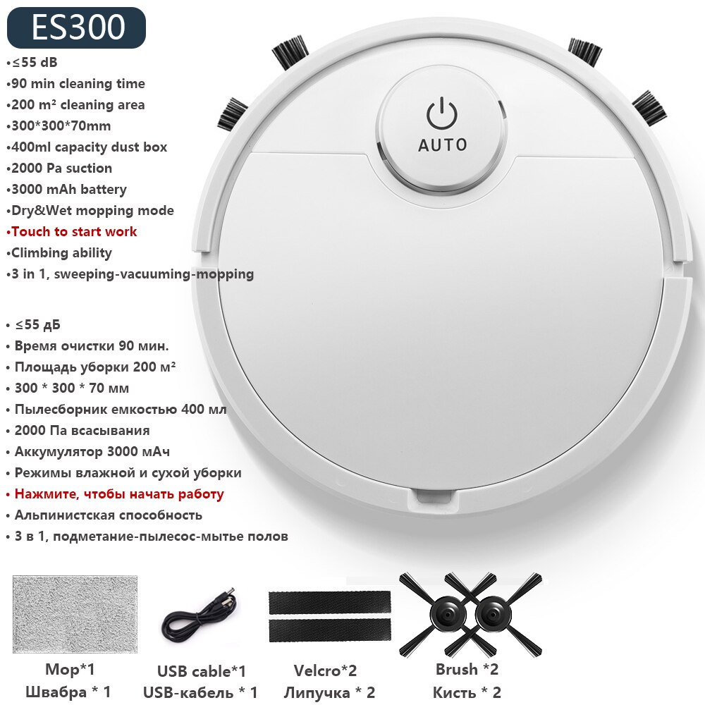 Robotdammsugare 2000pa kraftfull sugning 3 i 1 husdjurshår hem torr våt mopprengöringsrobot för svepande robot: 1 es300 vita