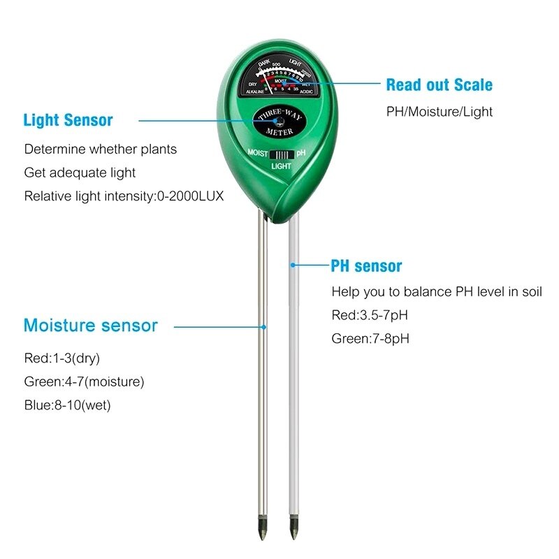 Soil Moisture Measuring Sensor 3 in 1 Humidity Hygrometer Hydroponic Gardening Plant Flower Soil PH Tester Analysis Tools