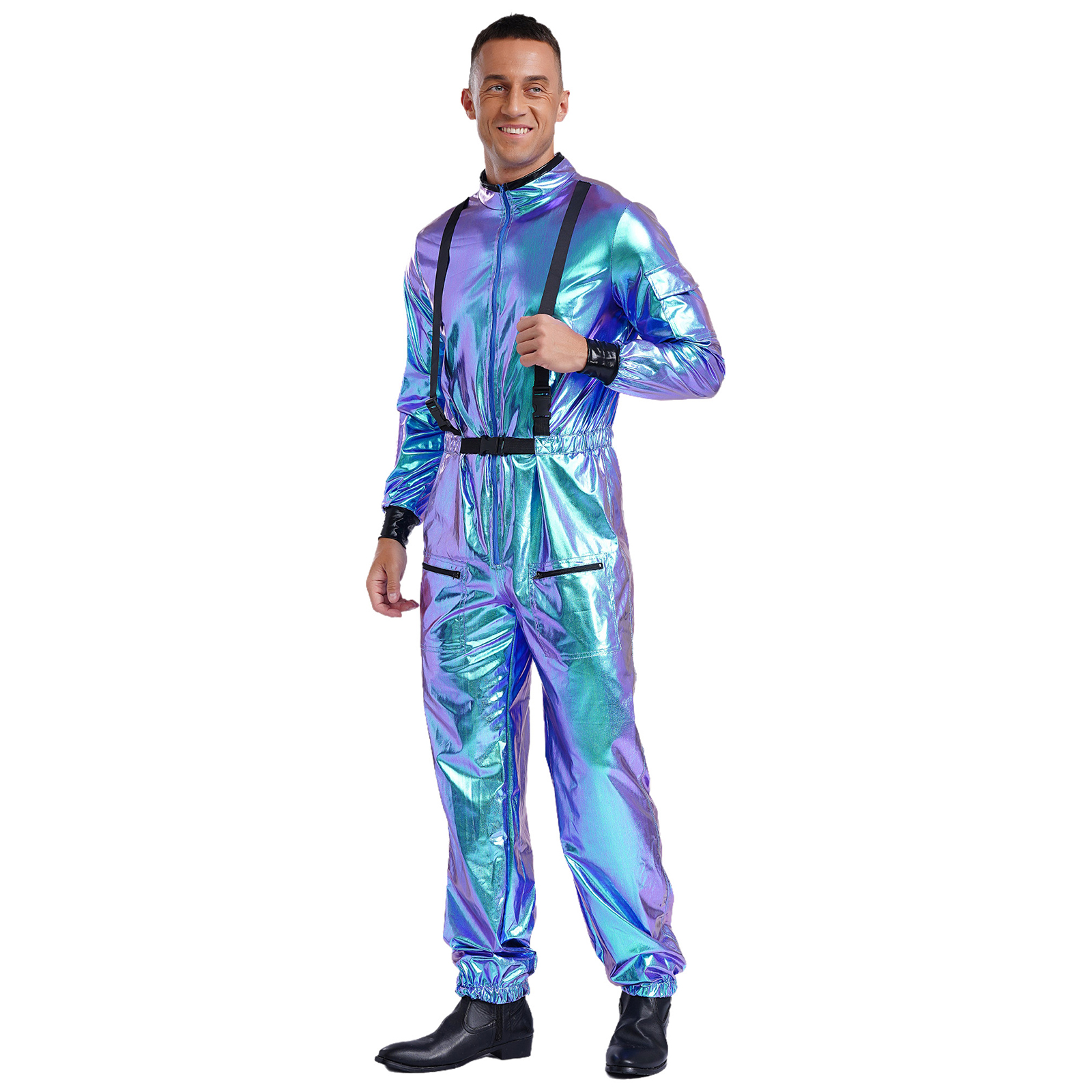 Tuta da uomo con cerniera, tuta da pilota, astronauta, alieno, spazio, robot, cosplay, costume da discoteca metallizzato