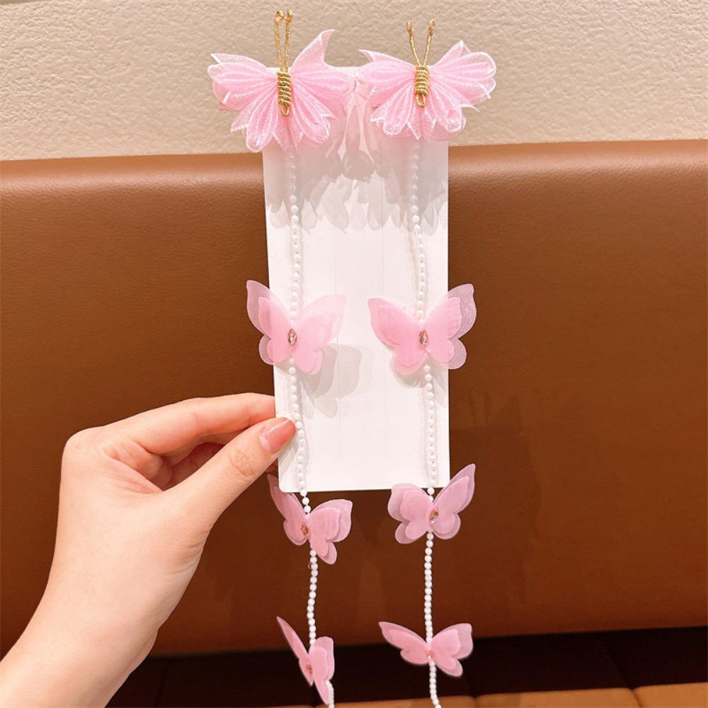 Horquilla trenzada con perlas de malla para niña, pasadores con borlas coloridas, cadena para el cabello trenzada: Rosa