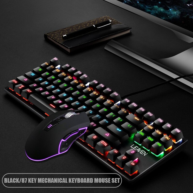 Mechanical Gaming Keyboard & Mouse Set, 87 Keys, Seven Colors RGB USB: black