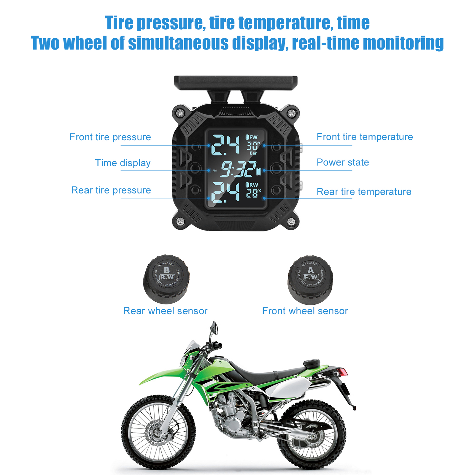 Wireless Motorcycle Tire Pressure Temperature Monitor System Solar Powered LCD Screen IP67 Waterproof Tire Temperature Sensor