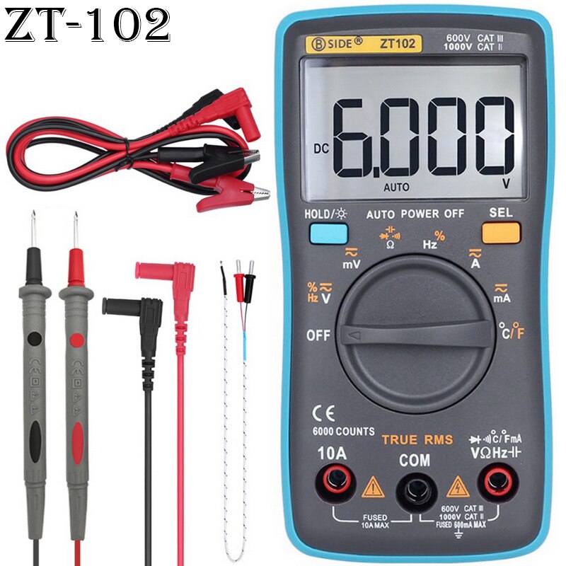 1Pcs ZT Digital Multimeters Portable AC/DC Ammeter Voltmeter Ohm LCD Display Backlight Multimeter Diode and Continuity Test: ZT102