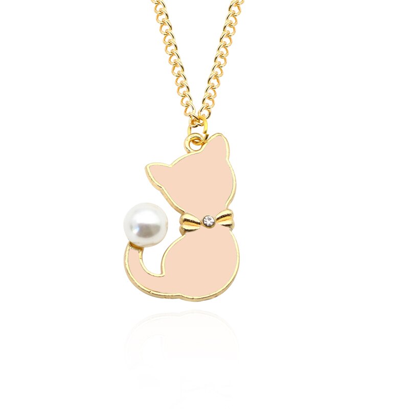 Emaille Kat Parel Staart Kettingen Schattige Animal Choker Ketting Voor Vrouwen Sieraden Colar: Pink