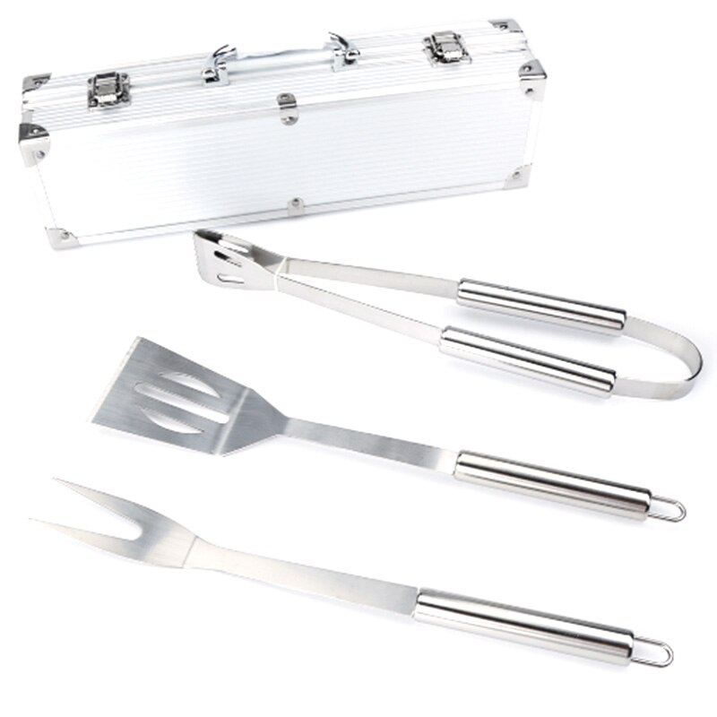 Utensilios de cocina de acero inoxidable, Juego de 3 piezas de caja de aluminio para parrilla, conjunto de combinación de herramientas para barbacoa y barbacoa con caja de aluminio: Default Title