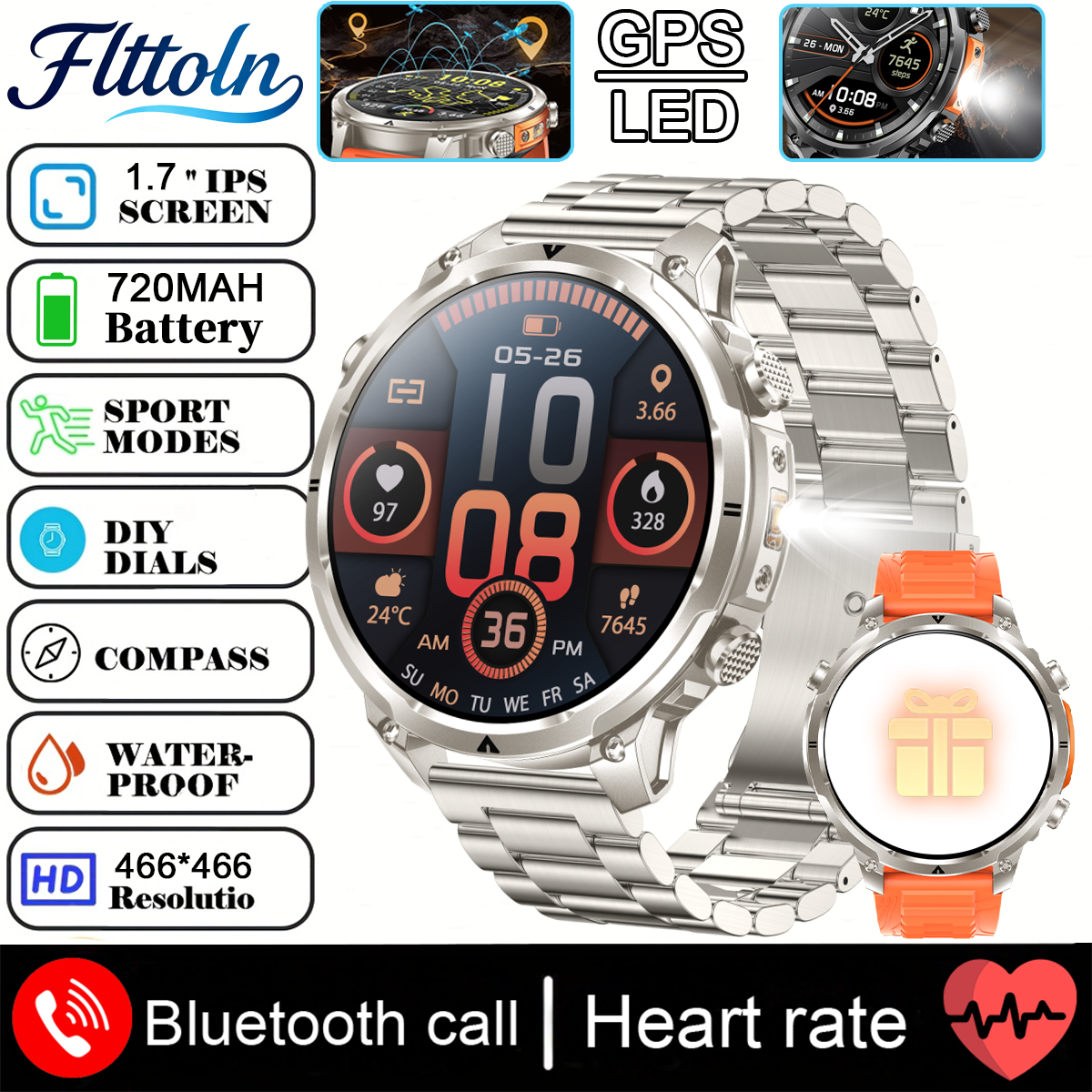 2025 Nuovo Militare GPS Astuto Della Vigilanza 3ATM Impermeabile 650mAh Batteria BT Chiamata Frequenza Cardiaca Pressione Sanguigna Sport tracker Smartwatch Da Uomo: Grigio