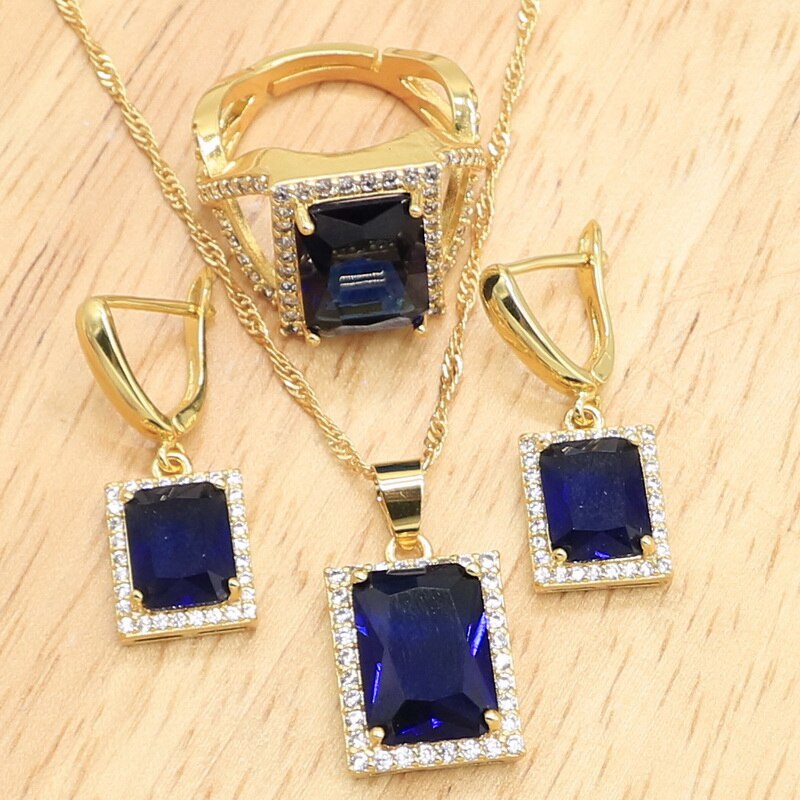 Geometrische Goud Kleur Sieraden Sets Voor Vrouwen Regenboog Zirkoon Oorbellen Ketting Hanger Open Ringen Verstelbare Geschenkdoos: Blue