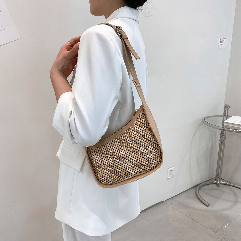 Kleine gewebte hobo-umhängetasche für damen, lässige handtasche für strandurlaub, crossbody-tasche