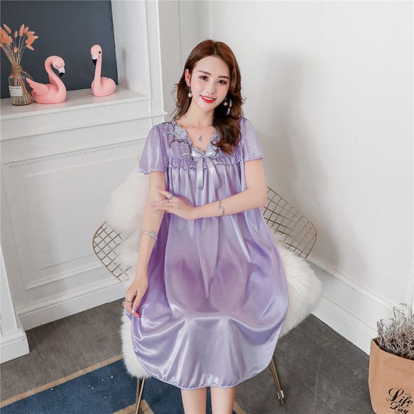 Sexy Summer Fat MM Ice Silk Nightdress Ladies Nightgown Casual Home Dress Pregnant woman Loose Sleepwear Sleepshirt Dress: purple