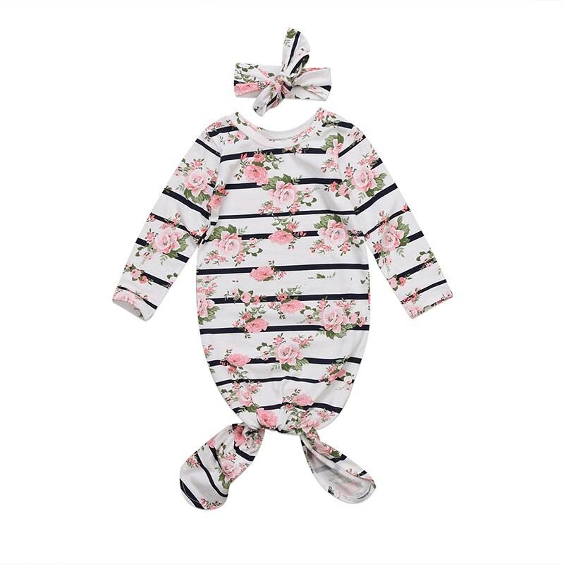 Newborn Infant Baby Girls Robes Long Sleeve Clothes 2Pcs Floral Striped Headband Outfit Autumn 0-12M: 3M