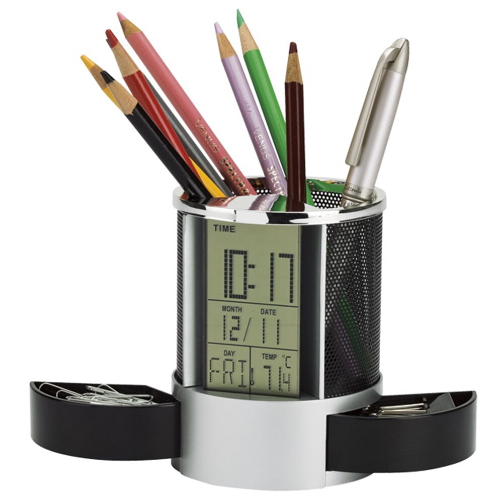 numérique LCD bureau réveil maille porte-stylo avec 2 petit tiroir calendrier minuterie température calendrier Table horloge de bureau
