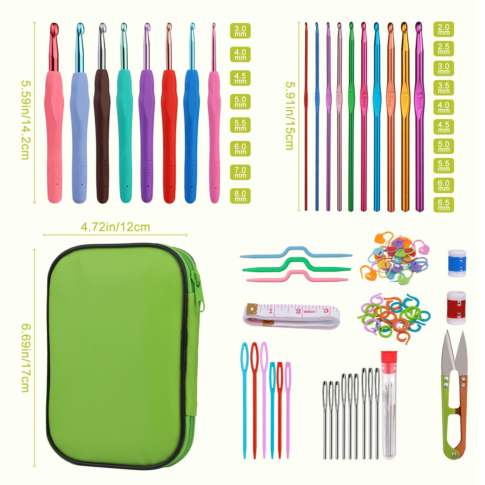 Fenrry conjunto de gancho de crochê, kit de agulhas de crochê para iniciantes, estojo verde e acessórios de crochê para artesanato de tricô