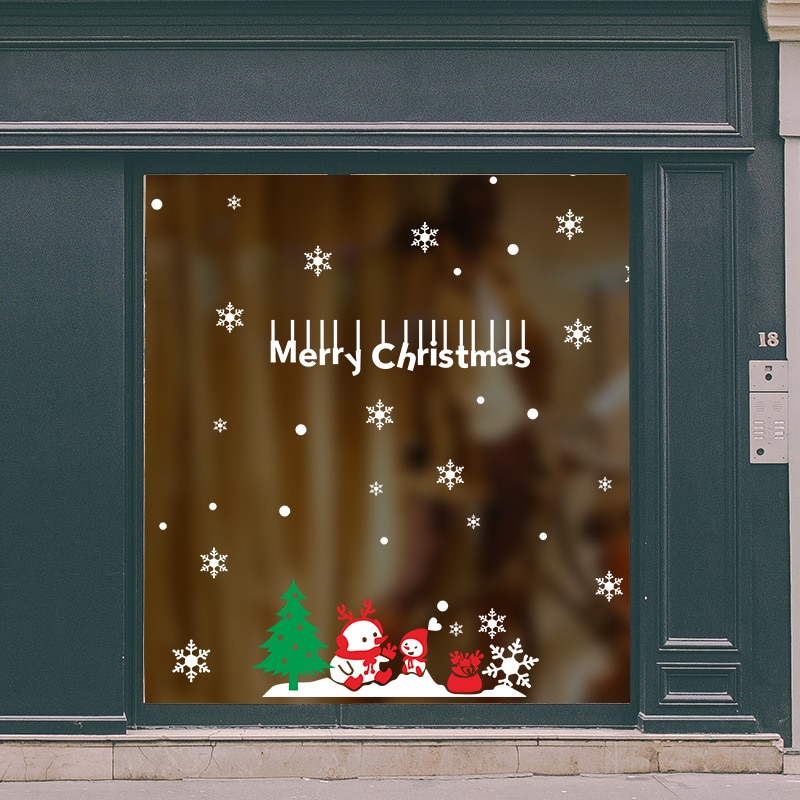 Christmas theme store window stickers Modern art murals Home decoration Cartoon couple snowman wall stickers