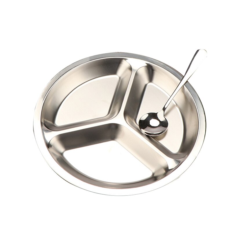 Stainless Steel 3 Sections Round Divided Dish Snack Dinner Plate Diameter 22cm/24Cm