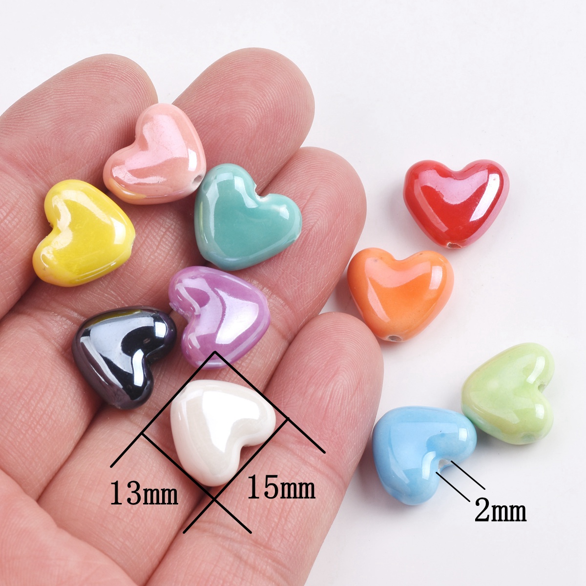 10 Uds. De cuentas sueltas de porcelana de cerámica esmaltada brillante hechas a mano con forma de corazón de 15x13mm para fabricación de joyería, accesorios para manualidades DIY